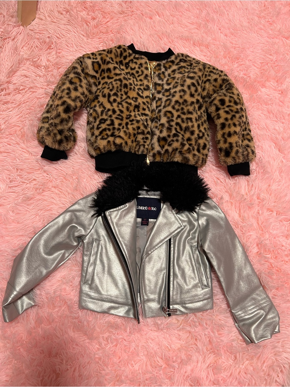 Limited Too Silver Faux Leather Moto Jacket with Black Fur Collar